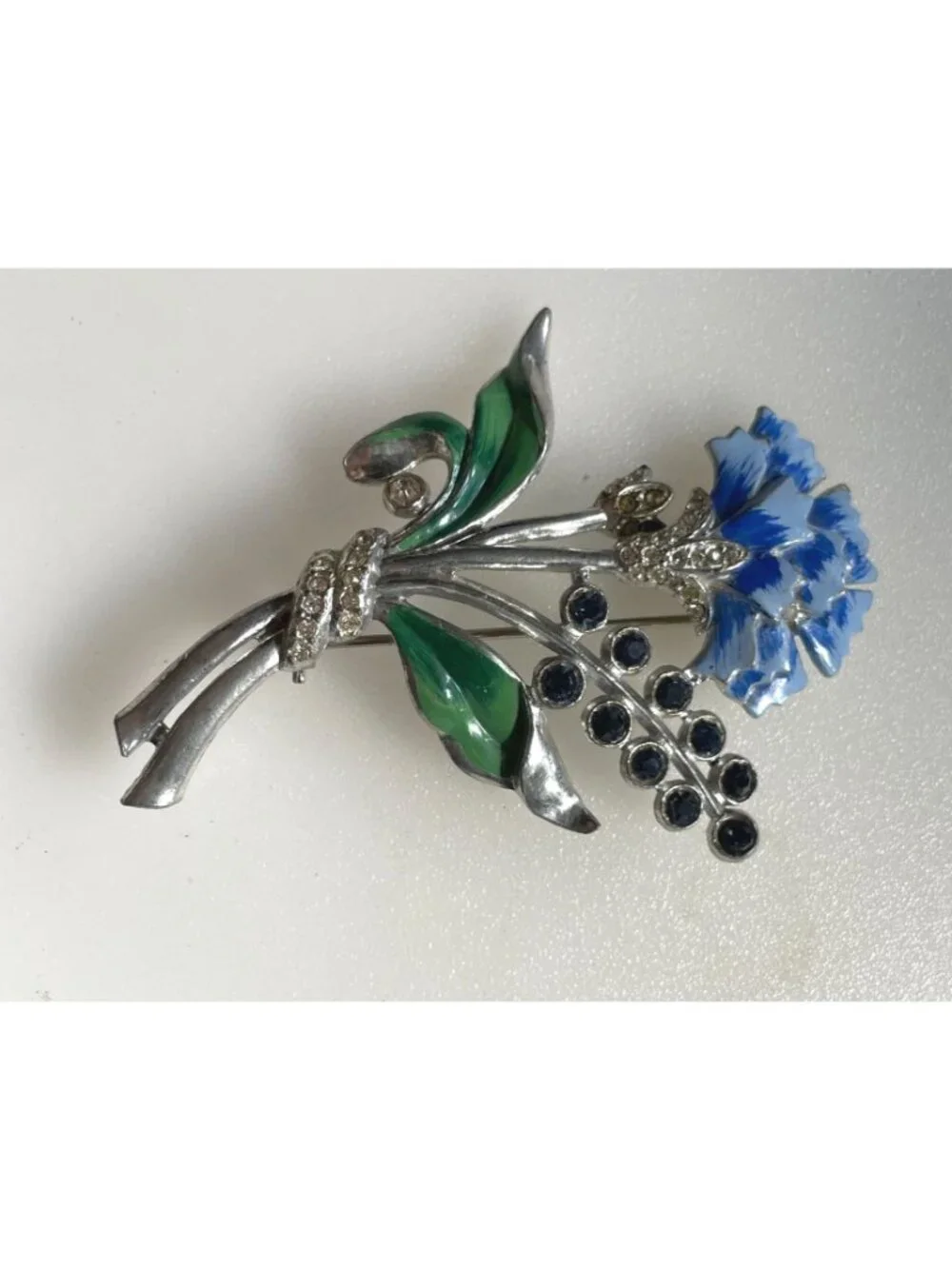 Vintage 1940s Rhodium Plated Blue Carnation Enamel Bouquet Rhinestone Brooch